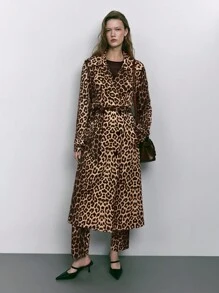 Maija Women's Autumn Loose Leopard Print Self-Tie Belt Double-Breasted Real Pockets Large Lapel Drape Long Leopard Printed Trench Coat