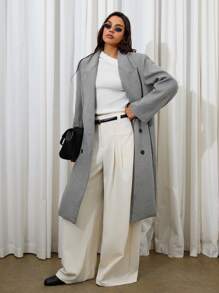 COSMINA 女士秋季简约翻领双排扣宽松外套 - 灰色 - 查看 1