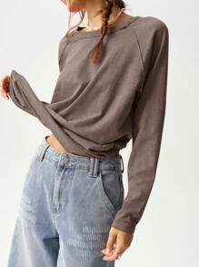 Bohemela Solid Color Knit Round Neck Raglan Sleeve Long Loose Casual T-Shirt For Women, Suitable For Holiday