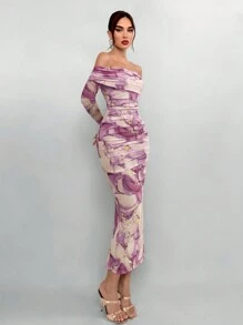 Aloruh Women's Off Shoulder Marble Print Bodycon Long Dress, Sexy & Stylish, Lavender Dress