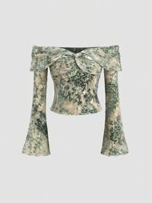 Sweetra Women's Off Shoulder Tie Front Flare Sleeve Blouse With Pattern Design, Autumn - Green - View 1