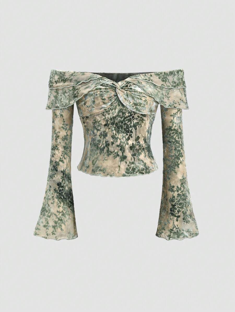 Sweetra Women's Off Shoulder Tie Front Flare Sleeve Blouse With Pattern Design, Autumn - Green - View 1