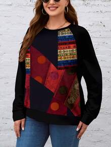 SHEIN LUNE 大码女式纯色拼接插肩袖圆领运动衫，休闲秋冬季圣诞女装 - 黑色 - 查看 3