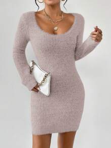 Chiquease Solid Color Fleece Round Neck Elegant Long Sleeve Sweater Dress