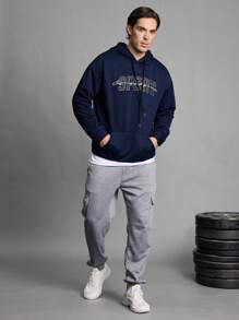 Manfinity Sport Corelite Boyfriend Style Men's Letter Print Drawstring Hooded Casual Sport Sweatshirt - Navy Blue - View 3