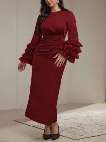 Veilorie Vestido elegante y recatado de unicolor para mujer con cuello redondo, mangas abombadas y bajo en forma de cola de pez