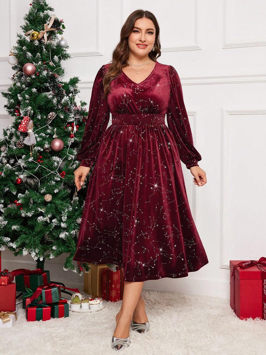 SHEIN Clasi Plus Size Solid V-Neck Sequin Patchwork Elegant Long Sleeve Christmas Party Dress - Burgundy - View 1