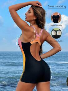 Swim SPRTY Seamless Ombre Print Patchwork Tankini Top, Non-Removable Cups, For Women Summer - Black - View 1