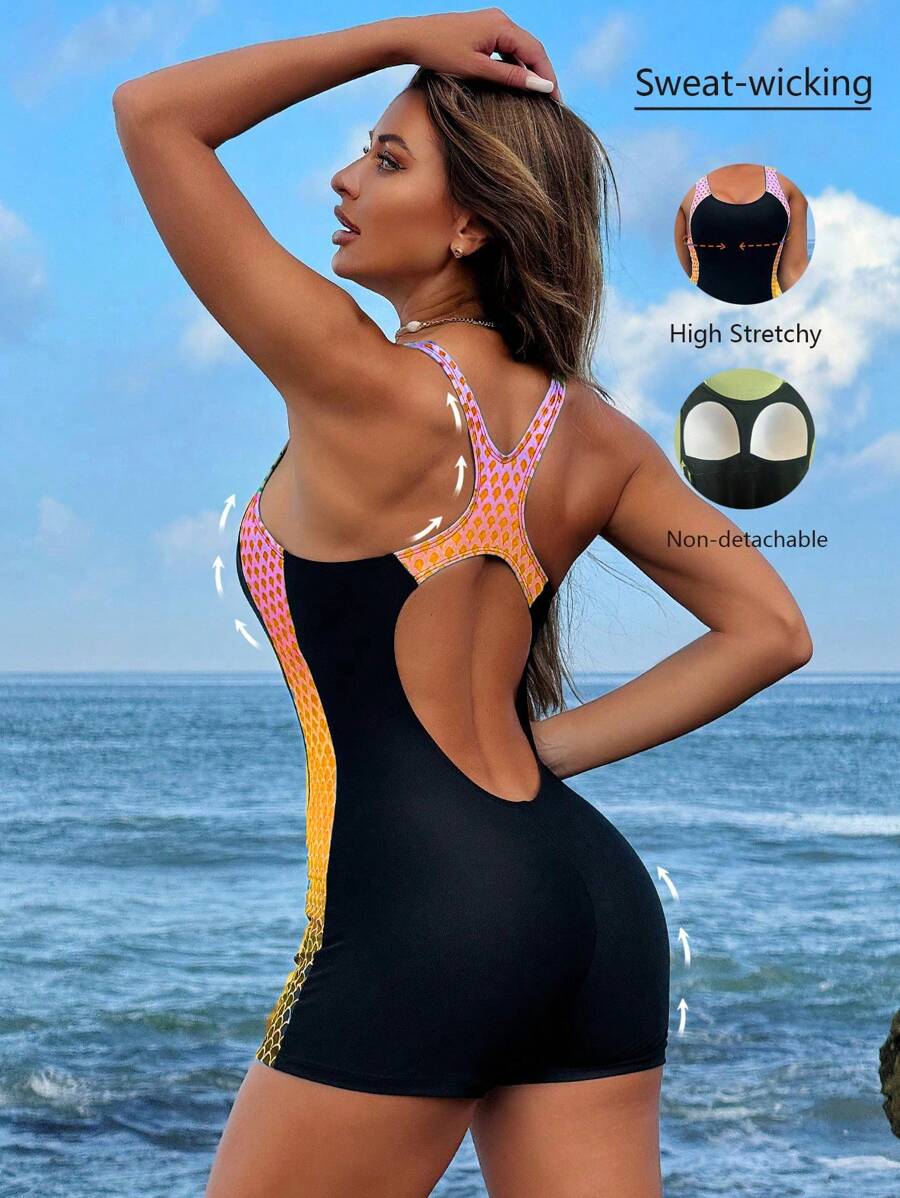 Swim SPRTY Seamless Ombre Print Patchwork Tankini Top, Non-Removable Cups, For Women Summer - Black - View 1
