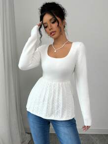 Selianne Women's Casual Daily Solid Color Square Neck Patchwork Cable Knit Sweater, Autumn/Winter, Long Sleeve Top Knit Pullover Fall - White - View 7