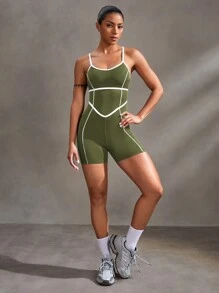 Powerista 撞色边露背吊带背心连体裤，无袖夏季运动装 - 軍綠色 - 查看 2
