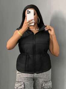 Slaydiva Fashion Stand Collar Waisted Pocket Warm Black Padded Vest, Suitable For Outerwear - Black - View 3