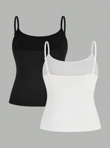SHEIN PETITE CURVE 大码女装三件套紧身休闲吊带背心基础款，适合夏季、情人节、派对、海滩、夏季假期、休闲场合 - 黑與白 - 查看 2