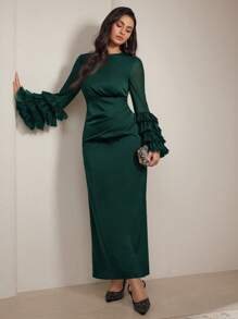 Veilorie Vestito casual lungo con collo rotondo, maniche lunghe, plissettato, colore unito, minimalista, modesto, da donna