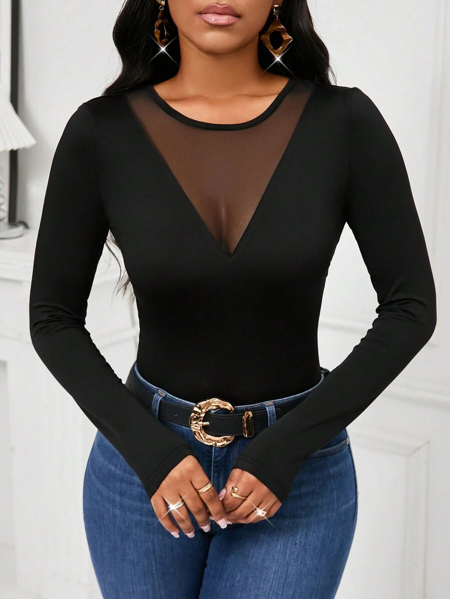 SHEIN Lady Camiseta feminina de manga comprida com emenda de malha elegante de outono