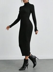 SHEIN Tall 女式高领长袖毛衣裙 - 黑色 - 查看 5