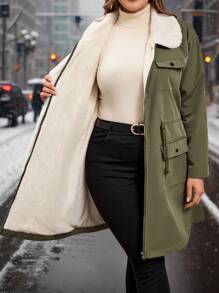 SHEIN Clasi 大码冬季前拉链长袖口袋优雅外套，日常穿着 - 軍綠色 - 查看 4