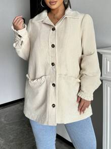 SHEIN Frenchy Women Plus Size Solid Color Stand Collar Button Splicing Plush Casual Jacket, Autumn/Winter Fall/Winter - Apricot - View 5