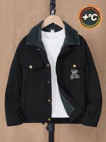 Tween 男童灯芯绒复古风格黑色保暖内衬厚冬季休闲品牌夹克 - 黑色 - 查看 1