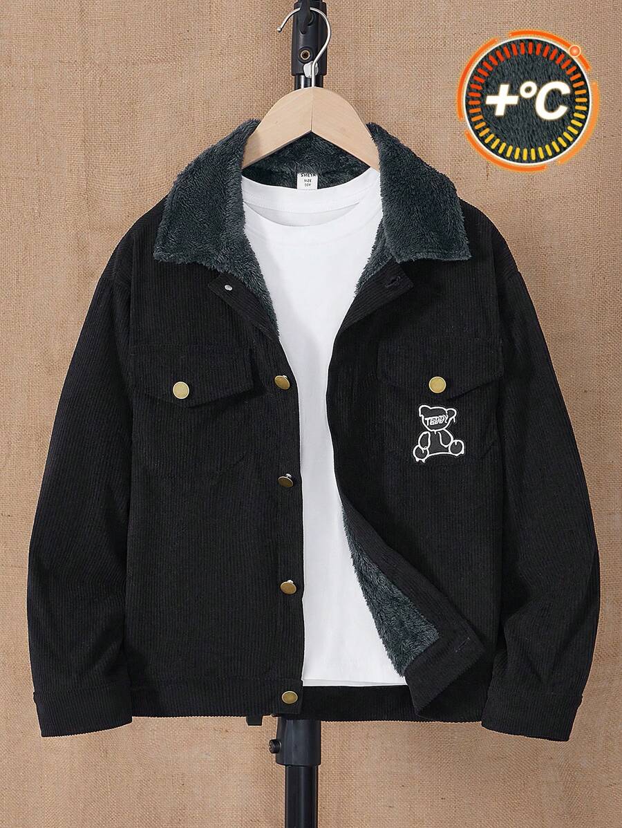 Tween 男童灯芯绒复古风格黑色保暖内衬厚冬季休闲品牌夹克 - 黑色 - 查看 1