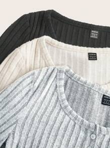 SHEIN EZwear 3 件女式纯色罗纹亨利领长袖休闲 T 恤，秋冬