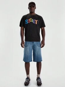 Musero Short Sleeve Crew Neck Graphic "SOCIETY" Print Tshirt Top Spring Summer Essentials - Black - View 1