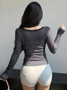 DAZY New Arrival Autumn Floral Lace Trim Fitted T-Shirt Going Out Tops