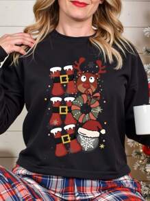 Christmas Women Christmas Elk Pattern Letter Print Casual Round Neck Black Fleece Hoodie Sweatshirt, Autumn/Winter Matching Outfits Mommy And Me (3 Pcs Are Sold Separately)