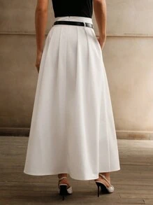 Anewsta Women White High Waist Pleated A-Line Skirt With Belt