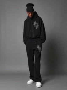 SUMWON Conjunto de 2 piezas con sudadera con capucha ajustada ceñida a la cintura y pantalón de chándal acampanado con insignia aplicada