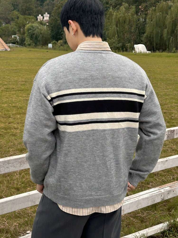 Men's Striped Patchwork Long Sleeve Casual Sweater, Autumn