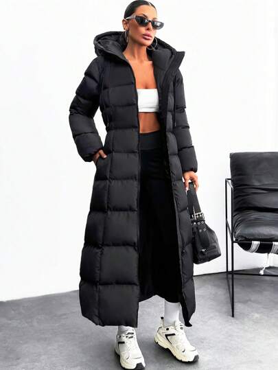 SHEIN Iconic A Shape Silhouette Zip Up Hooded Padded Long Extra Warm Winter Coat