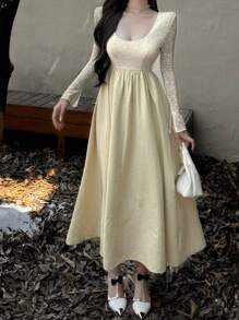 DAZY Women Elegant Long Contrast Lace Dress, Suitable For Autumn Long Sleeve Dress Maxi Dress - Apricot - View 3