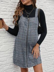 SHEIN Pregnant Women Front Zipper Wide Strap Simple Plaid Casual Dress, For Maternity - Multicolor - View 5