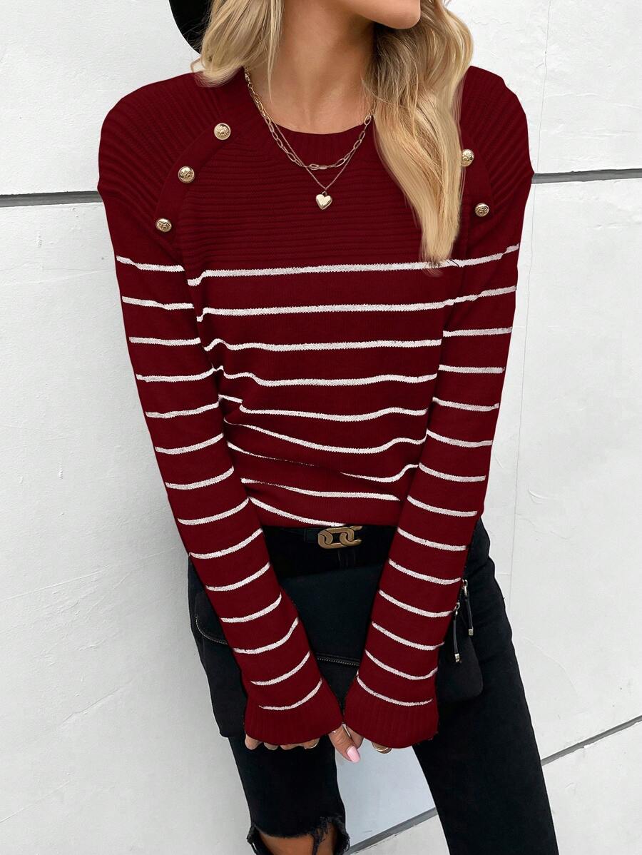 SHEIN Clasi Áo len tay raglan kẻ sọc Colorblock cỡ lớn, thường ngày cho mùa thu/đông - Màu Đỏ Sâu - Xem 1