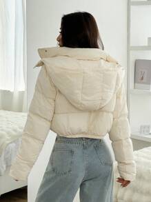 SHEIN EZwear 1 件纯色连帽拉链开合加厚外套，冬季长袖 - 杏色 - 查看 2