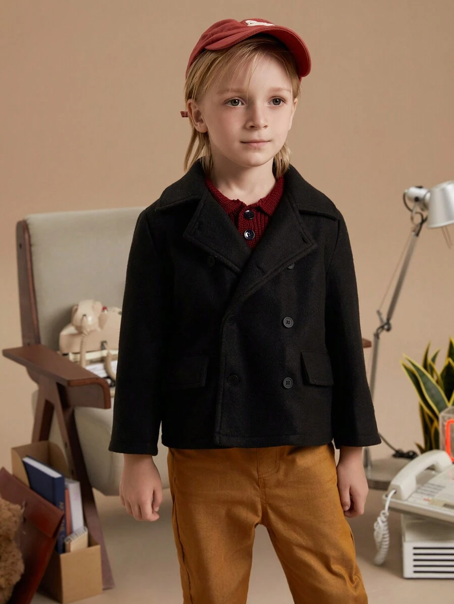 PrepCrw Young Boys Winter School Style Black Christmas Print Fitted Double-Breasted Overcoat - Black - View 1