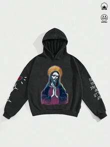 Manfinity EMRG 男士宽松高街复古风格做旧耶稣祈祷人物心形星星图案黑色落肩做旧雪花连帽运动衫，适合秋季。 - 黑色 - 查看 5