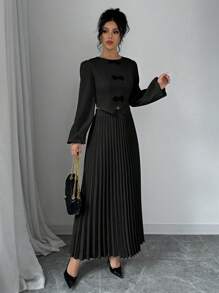 Elenzga Women Solid Color Round Neck Long Sleeve Top & Pleated Hem Skirt 2 Pieces Set, Elegant