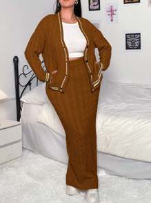 Flirla Plus Size Autumn/Winter Casual Daily Striped Trim Cardigan And Knitted Skirt Set