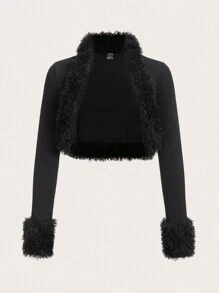 SHEIN ICON Solid Fuzzy Trim Open Front Crop Fall Clothes Women Jacket