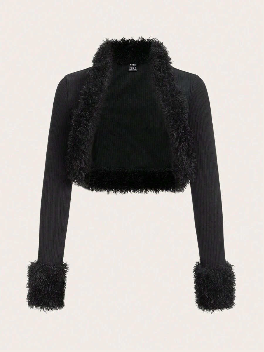 SHEIN ICON Solid Fuzzy Trim Open Front Crop Fall Clothes Women Jacket