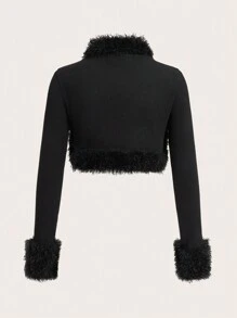 SHEIN ICON Solid Fuzzy Trim Open Front Crop Fall Clothes Women Jacket