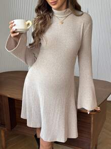 Cheriluna Maternity 孕妇休闲简约优雅高领喇叭袖连衣裙，秋冬 - 杏色 - 查看 4