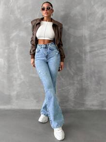 RueChic 女式休闲喇叭腿破洞牛仔裤