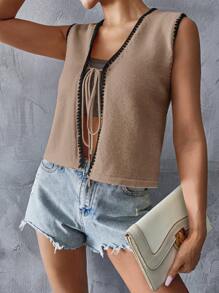 SHEIN Essnce Áo len chui đầu thắt nút màu tương phản giản dị cho nữ - Màu Khaki - Xem 4