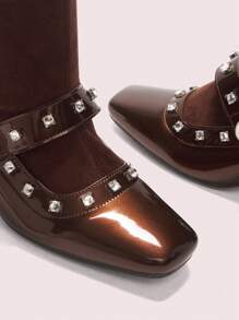 CUCCOO DOLLMOD Women Fashion Comfortable Coffee-Color Buckle Rhinestone Decor Square Toe Chunky Heel Casual Versatile Ankle Boots With Back Zipper New Year Holiday - Coffee Brown - View 3