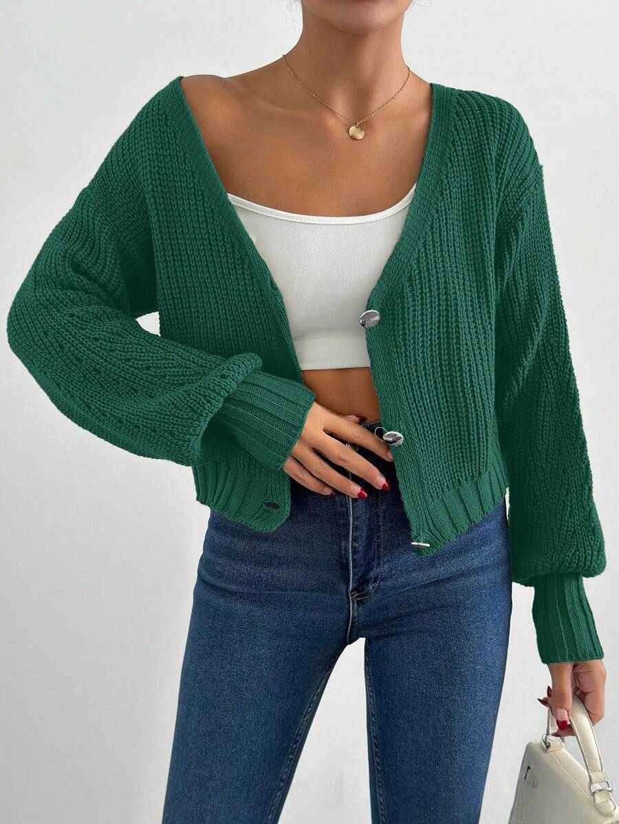 1 件纯色前扣休闲长袖针织开衫 - 墨綠色 - 查看 1