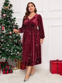 SHEIN Clasi Plus Size Solid V-Neck Sequin Patchwork Elegant Long Sleeve Christmas Party Dress - Burgundy - View 3