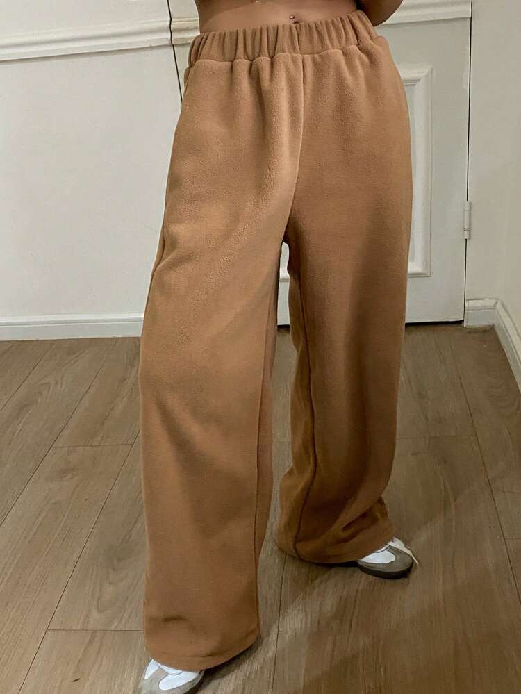 Women Loose Solid Plush Elastic Waist Straight Pants, Thick Fabric Fall,Winter